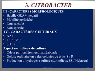 3. CITROBACTER
III - CARACTÈRES MORPHOLOGIQUES
• Bacille GRAM négatif
• Mobilité péritriche
• Non capsulé
• Non sporulé
IV - CARACTÈRES CULTURAUX
• AAF
• T° : 37°C
• pH : 7
Aspect sur milieux de culture
• Odeur particulièrement nauséabonde
• Gélose ordinaire on a des colonies de type S / R
• Production d’hydrogène sulfuré (sur milieux SS / Hektoen)
KOUA Amian 138
 
