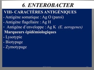 6. ENTEROBACTER
VIII- CARACTÈRES ANTIGÉNIQUES
- Antigène somatique : Ag O (paroi)
- Antigène flagellaire : Ag H
- Antigène d’enveloppe : Ag K (E. aerogenes)
Marqueurs épidémiologiques
- Lysotypie
- Biotypage
- Zymotypage
KOUA Amian 156
 