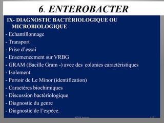 6. ENTEROBACTER
IX- DIAGNOSTIC BACTÉRIOLOGIQUE OU
MICROBIOLOGIQUE
- Echantillonnage
- Transport
- Prise d’essai
- Ensemencement sur VRBG
- GRAM (Bacille Gram -) avec des colonies caractéristiques
- Isolement
- Portoir de Le Minor (identification)
- Caractères biochimiques
- Discussion bactériologique
- Diagnostic du genre
- Diagnostic de l’espèce.
KOUA Amian 157
 