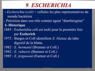 9. ESCHERICHIA
- Escherichia (coli) = cellules les plus représentatives du
monde bactérien
- Précision dans son rôle comme agent "diarrhéogène"
I- Historique
1885 : Escherichia coli est isolé pour la première fois
par Escherich
1973 : Burges et Coll identifient E. blattae du tube
digestif de la blatte.
1982 : E. hermanii (Brenner et Coll.)
1982 : E. vulneris (Brenner et Coll.)
1985 : E. fergusonii (Farmer et Coll.)
KOUA Amian 166
 