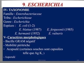 9. ESCHERICHIA
IV- TAXONOMIE
Famille : Enterobacteriaceae
Tribu : Escherichieae
Genre : Escherichia
Espèces : E. coli (1-2)
E. blattae (1987) E. fergusonii (1985)
E. hermanii (1952) E. vulneris
V- Caractères morphologiques
- Bacille GRAM négatif
- Mobilité péritriche
- Acapsulé (certaines souches sont capsulées
telle que Ag K1 )
- Asporulé
KOUA Amian 172
 