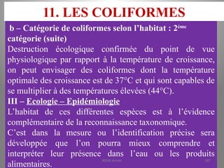 11. LES COLIFORMES
b – Catégorie de coliformes selon l’habitat : 2ème
catégorie (suite)
Destruction écologique confirmée du point de vue
physiologique par rapport à la température de croissance,
on peut envisager des coliformes dont la température
optimale des croissance est de 37°C et qui sont capables de
se multiplier à des températures élevées (44°C).
III – Ecologie – Epidémiologie
L’habitat de ces différentes espèces est à l’évidence
complémentaire de la reconnaissance taxonomique.
C’est dans la mesure ou l’identification précise sera
développée que l’on pourra mieux comprendre et
interpréter leur présence dans l’eau ou les produits
alimentaires.
KOUA Amian 187
 
