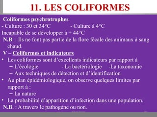 11. LES COLIFORMES
Coliformes psychrotrophes
- Culture : 30 et 34°C - Culture à 4°C
Incapable de se développer à + 44°C
N.B. : Ils ne font pas partie de la flore fécale des animaux à sang
chaud.
V – Coliformes et indicateurs
• Les coliformes sont d’excellents indicateurs par rapport à
– L’écologie - La bactériologie -La taxonomie
– Aux techniques de détection et d’identification
• Au plan épidémiologique, on observe quelques limites par
rapport à :
– La nature
• La probabilité d’apparition d’infection dans une population.
N.B. : A travers le pathogène ou non.
KOUA Amian 191
 