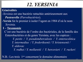 12. YERSINIA
Généralités
-Yersinia est une bactérie rattachée antérieurement aux
Pasteurella (Parvobactéries).
-Yersin fut le premier à isoler l’agent en 1984 d’où le nom
Yersinia.
I – Taxonomie
C’est une bactérie de l’ordre des bactériales, de la famille des
Enterobactéries et du genre Yersinia, avec les espèces :
Y. pestis / Y. pseudotuberculosis / Y. enterocolitica
Y. intermedius / Y. frederiksenii / Y. kristensenii /
Y. aldovac
Y. rodhei / Y. mollaretii / Y. bercovieri / Y. ruckeri
N.B.: Les trois 1ers
concernent le domaine alimentaire
KOUA Amian 193
 