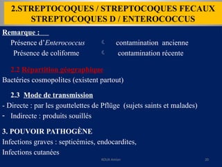 2.STREPTOCOQUES / STREPTOCOQUES FECAUX
STREPTOCOQUES D / ENTEROCOCCUS
Remarque :
Présence d’Enterococcus  contamination ancienne
Présence de coliforme  contamination récente
2.2 Répartition géographique
Bactéries cosmopolites (existent partout)
2.3 Mode de transmission
- Directe : par les gouttelettes de Pflüge (sujets saints et malades)
- Indirecte : produits souillés
3. POUVOIR PATHOGÈNE
Infections graves : septicémies, endocardites,
Infections cutanées
KOUA Amian 20
 