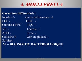 4. MOELLERELLA
Caractères différentiels :
Indole +/- citrate deSimmons : d
LDC - ODC -
Culture à 44°C H2S -
VP - Lactose +
ADH - Urée -
Colistine R Gaz en glucose -
Sorbitol -
VI – DIAGNOSTIC BACTÉRIOLOGIQUE
KOUA Amian 210
 