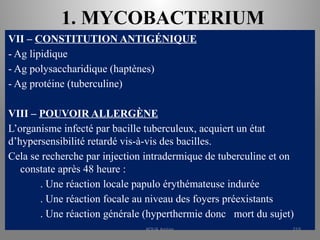 1. MYCOBACTERIUM
VII – CONSTITUTION ANTIGÉNIQUE
- Ag lipidique
- Ag polysaccharidique (haptènes)
- Ag protéine (tuberculine)
VIII – POUVOIR ALLERGÈNE
L’organisme infecté par bacille tuberculeux, acquiert un état
d’hypersensibilité retardé vis-à-vis des bacilles.
Cela se recherche par injection intradermique de tuberculine et on
constate après 48 heure :
. Une réaction locale papulo érythémateuse indurée
. Une réaction focale au niveau des foyers préexistants
. Une réaction générale (hyperthermie donc mort du sujet)
KOUA Amian 219
 