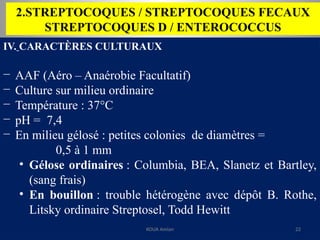 2.STREPTOCOQUES / STREPTOCOQUES FECAUX
STREPTOCOQUES D / ENTEROCOCCUS
IV. CARACTÈRES CULTURAUX
− AAF (Aéro – Anaérobie Facultatif)
− Culture sur milieu ordinaire
− Température : 37°C
− pH = 7,4
− En milieu gélosé : petites colonies de diamètres =
0,5 à 1 mm
• Gélose ordinaires : Columbia, BEA, Slanetz et Bartley,
(sang frais)
• En bouillon : trouble hétérogène avec dépôt B. Rothe,
Litsky ordinaire Streptosel, Todd Hewitt
KOUA Amian 22
 