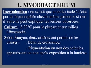 1. MYCOBACTERIUM
Incrimination : ne se fait que si on les isole à l’état
pur de façon repétée chez le même patient et si rien
d’autre ne peut expliquer les lésions observées.
Culture : à 22°C pour la plupart et sur milieu
Löwenstein.
Selon Runyon, deux critères ont permis de les
classer : . Délai de croissance;
. Pigmentation ou non des colonies
apparaissant ou non après exposition à la lumière.
KOUA Amian 221
 