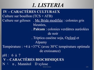 1. LISTERIA
IV – CARACTÈRES CULTURAUX
Culture sur bouillon (TCS + ATB)
Culture sur géloses . Mc Bride modifiée : colonies gris
bleutées,
. Palcam : colonies verdâtres auréolées
de noir
. Triptica caséine soja, Oxford et
Alpamy
Température : +4 à +37°C (avec 30°C température optimale
de croissance)
pH : 6 à 7
V – CARACTÈRES BIOCHIMIQUES
N  n , Mannitol D xylose
KOUA Amian 235
 