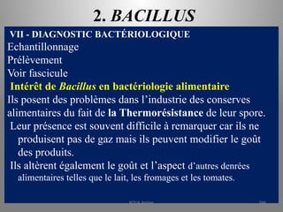 2. BACILLUS
VII - DIAGNOSTIC BACTÉRIOLOGIQUE
Echantillonnage
Prélèvement
Voir fascicule
Intérêt de Bacillus en bactériologie alimentaire
Ils posent des problèmes dans l’industrie des conserves
alimentaires du fait de la Thermorésistance de leur spore.
Leur présence est souvent difficile à remarquer car ils ne
produisent pas de gaz mais ils peuvent modifier le goût
des produits.
Ils altèrent également le goût et l’aspect d’autres denrées
alimentaires telles que le lait, les fromages et les tomates.
KOUA Amian 246
 