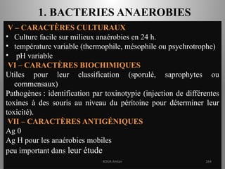 1. BACTERIES ANAEROBIES
V – CARACTÈRES CULTURAUX
• Culture facile sur milieux anaérobies en 24 h.
• température variable (thermophile, mésophile ou psychrotrophe)
• pH variable
VI – CARACTÈRES BIOCHIMIQUES
Utiles pour leur classification (sporulé, saprophytes ou
commensaux)
Pathogènes : identification par toxinotypie (injection de différentes
toxines à des souris au niveau du péritoine pour déterminer leur
toxicité).
VII – CARACTÈRES ANTIGÉNIQUES
Ag 0
Ag H pour les anaérobies mobiles
peu important dans leur étude
KOUA Amian 264
 