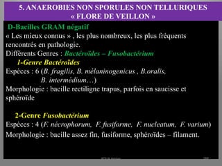 5. ANAEROBIES NON SPORULES NON TELLURIQUES
« FLORE DE VEILLON »
D-Bacilles GRAM négatif
« Les mieux connus » , les plus nombreux, les plus fréquents
rencontrés en pathologie.
Différents Genres : Bactéroïdes – Fusobactérium
1-Genre Bactéroïdes
Espèces : 6 (B. fragilis, B. mélaninogenicus , B.oralis,
B. intermédium…)
Morphologie : bacille rectiligne trapus, parfois en saucisse et
sphéroïde
2-Genre Fusobactérium
Espèces : 4 (F. nécrophorum, F. fusiforme, F. nucleatum, F. varium)
Morphologie : bacille assez fin, fusiforme, sphéroïdes – filament.
KOUA Amian 288
 