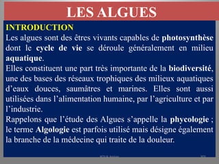 LES ALGUES
INTRODUCTION
Les algues sont des êtres vivants capables de photosynthèse
dont le cycle de vie se déroule généralement en milieu
aquatique.
Elles constituent une part très importante de la biodiversité,
une des bases des réseaux trophiques des milieux aquatiques
d’eaux douces, saumâtres et marines. Elles sont aussi
utilisées dans l’alimentation humaine, par l’agriculture et par
l’industrie.
Rappelons que l’étude des Algues s’appelle la phycologie ;
le terme Algologie est parfois utilisé mais désigne également
la branche de la médecine qui traite de la douleur.
KOUA Amian 305
 