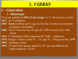 1. VIBRIO
I – Généralités
1 - Historique
C’est une maladie du DELTA du Gange. La 1ère
découverte a eu lieu :
1817 : la 1ère
pandémie
1883 : Koch confirme qu’il s’agit de Bacillus komma aussi présente
en Egypte (Alexandrie)
1905 : Vibrio cholereae bio. De type EL TOR (Lazeret d’EL TOR
Sinaï)
1961: 7ème
pandémie Vibrio cholereae EL TOR) – Indonesie-
1970: Afrique : Guinée, Août 70 - CI, sept 70 - Afrique du Sud, 1979
1990 : Amérique Latine
1993 : Un autre Séro groupe appelé 0:139 : pas trop différent de
Vibrio cholereae -El Tor-
KOUA Amian 69
 