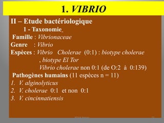 1. VIBRIO
II – Etude bactériologique
1 - Taxonomie
Famille : Vibrionaceae
Genre : Vibrio
Espèces : Vibrio Cholerae (0:1) : biotype cholerae
, biotype El Tor
Vibrio cholerae non 0:1 (de O:2 à 0:139)
Pathogènes humains (11 espèces n = 11)
1. V. alginolyticus
2. V. cholerae 0:1 et non 0:1
3. V. cincinnatiensis
KOUA Amian 73
 