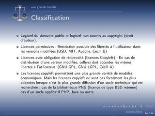 une grande famille

Classiﬁcation
Logiciel du domaine public = logiciel non soumis au copyright (droit
d’auteur).
Licences permissives : Restriction possible des libertés à l’utilisateur dans
les versions modiﬁées (BSD, MIT, Apache, Cecill B)
Licences avec obligation de réciprocité (licences Copyleft) : En cas de
distribution d’une version modiﬁée, celle-ci doit accorder les mêmes
libertés à l’utilisateur :(GNU GPL, GNU LGPL, Cecill A)
Les licences copyleft permettent une plus grande variété de modèles
économiques. Mais les licences copyleft ne sont pas forcément les plus
adaptées lorsque c’est la plus grande diﬀusion d’un socle technique qui est
recherchée : cas de la bibliothèque PNG (licence de type BSD retenue)
cas d’un socle applicatif PHP, Java ou autre

Licences libres

16 / 20

 