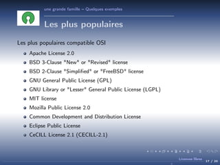 une grande famille – Quelques exemples

Les plus populaires
Les plus populaires compatible OSI
Apache License 2.0
BSD 3-Clause "New" or "Revised" license
BSD 2-Clause "Simpliﬁed" or "FreeBSD" license
GNU General Public License (GPL)
GNU Library or "Lesser" General Public License (LGPL)
MIT license
Mozilla Public License 2.0
Common Development and Distribution License
Eclipse Public License
CeCILL License 2.1 (CECILL-2.1)

Licences libres

17 / 20

 