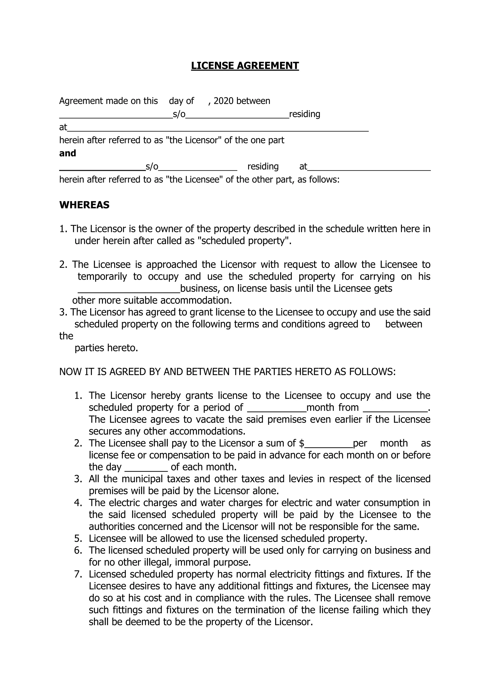 Property license agreement outlining permitted use and payment terms