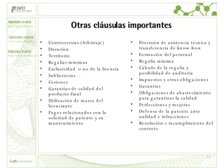 Otras cláusulas importantes Controversias (Arbitraje) Duración Territorio Regalías mínimas Exclusividad  o no de la licencia Sublicencias Cesiones Garantías de calidad del producto final Utilización de marca del licenciante Pagos relacionados con la solicitud de patente y su mantenimiento Provisión de asistencia técnica y transferencia de know-how Formación del personal Regalía mínima Cálculo de la regalía y posibilidad de auditoria Impuestos y otras obligaciones Garantías Obligaciones de abastecimiento para garantizar la calidad Perfecciones y mejoras Defensa de la patente ante nulidad e infracciones Resolución e incumplimiento del contrato 