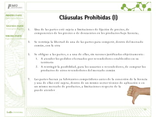 Cláusulas Prohibidas (I) Una de las partes esté sujeta a limitaciones de fijación de precios, de componentes de los precios o de descuentos en los productos bajo licencia; Se restrinja la libertad de una de las partes para competir, dentro del mercado común, con la otra Se obligue a las partes, o a una de ellas, sin razones justificadas objetivamente: A  atender los pedidos efectuados por revendedores establecidos en su territorio A restringir la posibilidad, para los usuarios o revendedores, de comprar los productos de otros revendedores del mercado común Las partes fueran ya fabricantes competidores antes de la concesión de la licencia y una de ellas esté sujeta, dentro de un mismo sector técnico de aplicación o en un mismo mercado de productos, a limitaciones respecto de la clientela a la que puede atender 