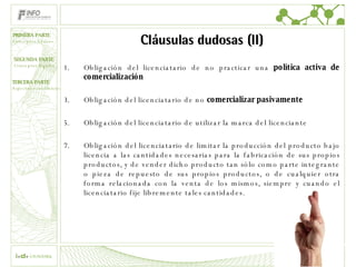 Cláusulas dudosas (II) Obligación del licenciatario de no practicar una  política activa de comercialización Obligación del licenciatario de no  comercializar  pasivamente Obligación del licenciatario de utilizar la marca  del licenciante Obligación del licenciatario de limitar la producción del producto bajo licencia a las cantidades necesarias para la fabricación de sus propios productos, y de vender dicho producto tan sólo como parte integrante o pieza de repuesto de sus propios productos, o de cualquier otra forma relacionada con la venta de los mismos, siempre y cuando el licenciatario fije libremente tales cantidades. 