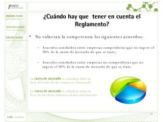 ¿Cuándo hay que  tener en cuenta el Reglamento? No vulneran la competencia los siguientes acuerdos: Acuerdos concluidos entre empresas competidoras que no supere el 20% de la cuota de mercado de que se trate;  Acuerdos concluidos entre empresas no competidoras que no supere el 30% de la cuota de mercado de que se trate.  La  cuota de mercado  se calculará sobre la base del valor de las ventas en el mercado La  cuota de mercado  se calculará sobre la base de los datos relativos al año civil anterior 