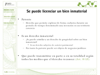 Se puede licenciar un bien inmaterial Patente Derecho que permite explotar de forma exclusiva durante un periodo de tiempo determinado una invención en un territorio concreto Es un derecho inmaterial ¡Se puede asimilar a un derecho de propiedad sobre un bien inmaterial! Es un derecho subjetivo de carácter patrimonial Por tanto la patente puede ser objeto de negocios jurídicos Que puede transmitirse en parte o en su totalidad según todos los medios que el derecho reconoce  (Art. 10 LP) PRIMERA PARTE Conceptos básicos 
