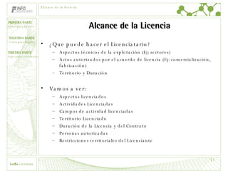 Alcance de la Licencia ¿Que puede hacer el Licenciatario? Aspectos técnicos de la explotación (Ej: sectores) Actos autorizados por el acuerdo de licencia (Ej: comercialización, fabricación) Territorio y Duración Vamos a ver: Aspectos licenciados Actividades Licenciadas Campos de actividad licenciadas Territorio Licenciado Duración de la Licencia y del Contrato Personas autorizadas Restricciones territoriales del Licenciante Alcance de la licencia 