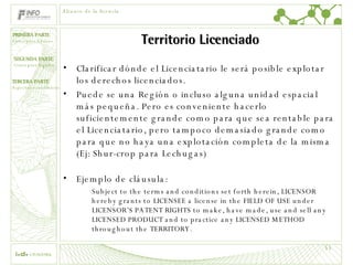 Territorio Licenciado Clarificar dónde el Licenciatario le será posible explotar los derechos licenciados. Puede se una Región o incluso alguna unidad espacial más pequeña. Pero es conveniente hacerlo suficientemente grande como para que sea rentable para el Licenciatario, pero tampoco demasiado grande como para que no haya una explotación completa de la misma (Ej: Shur-crop para Lechugas) Ejemplo de cláusula: Subject to the terms and conditions set forth herein, LICENSOR hereby grants to LICENSEE a license in the FIELD OF USE under LICENSOR’S PATENT RIGHTS to make, have made, use and sell any LICENSED PRODUCT and to practice any LICENSED METHOD throughout the TERRITORY.   Alcance de la licencia 