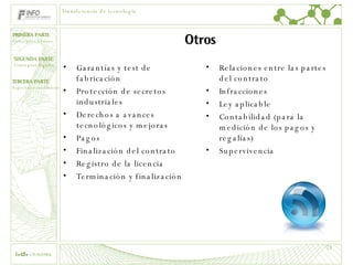 Otros Garantías y test de fabricación Protección de secretos industriales Derechos a avances tecnológicos y mejoras Pagos Finalización del contrato Registro de la licencia Terminación y finalización Relaciones entre las partes del contrato Infracciones Ley aplicable Contabilidad (para la medición de los pagos y regalías) Supervivencia Transferencia de tecnología 