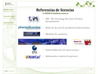Referencias de licencias  LA MEJOR ES http://www.cenemes.es LES - The Licensing Executives Society International  Bolsa de licencia de productos farmacéuticos Modelos de contratos Comercializacion de innovaciones Información variada de patentes 