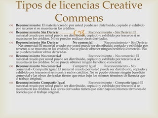 Tipos de licencias Creative
            Commens
 Reconocimiento: El material creado por usted puede ser distribuido, copiado y exhibido


                                          
  por terceros si se muestra en los créditos.
 Reconocimiento Sin Derivar                          Reconocimiento – Sin Derivar: El
  material creado por usted puede ser distribuido, copiado y exhibido por terceros si se
  muestra en los créditos. No se pueden realizar obras derivadas.
 Reconocimiento Sin Derivar               No comercial         Reconocimiento – Sin Derivar
  – No comercial: El material creado por usted puede ser distribuido, copiado y exhibido por
  terceros si se muestra en los créditos. No se puede obtener ningún beneficio comercial. No
  se pueden realizar obras derivadas.
 Reconocimiento No comercial                         Reconocimiento – No comercial: El
  material creado por usted puede ser distribuido, copiado y exhibido por terceros si se
  muestra en los créditos. No se puede obtener ningún beneficio comercial.
 Reconocimiento No comercial              Compartir Igual      Reconocimiento – No
  comercial – Compartir igual: El material creado por usted puede ser distribuido, copiado y
  exhibido por terceros si se muestra en los créditos. No se puede obtener ningún beneficio
  comercial y las obras derivadas tienen que estar bajo los mismos términos de licencia que
  el trabajo original.
 Reconocimiento Compartir Igual                      Reconocimiento – Compartir igual: El
  material creado por usted puede ser distribuido, copiado y exhibido por terceros si se
  muestra en los créditos. Las obras derivadas tienen que estar bajo los mismos términos de
  licencia que el trabajo original.
 