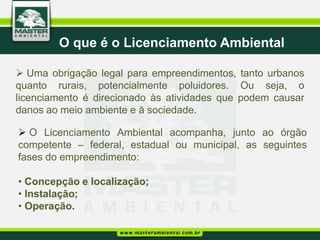 O que é o Licenciamento Ambiental

 Uma obrigação legal para empreendimentos, tanto urbanos
quanto rurais, potencialmente poluidores. Ou seja, o
licenciamento é direcionado às atividades que podem causar
danos ao meio ambiente e à sociedade.

 O Licenciamento Ambiental acompanha, junto ao órgão
competente – federal, estadual ou municipal, as seguintes
fases do empreendimento:

• Concepção e localização;
• Instalação;
• Operação.
 