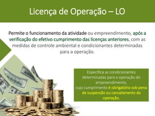 Licença de Operação – LO
Permite o funcionamento da atividade ou empreendimento, após a
verificação do efetivo cumprimento das licenças anteriores, com as
medidas de controle ambiental e condicionantes determinadas
para a operação.
Especifica as condicionantes
determinadas para a operação do
empreendimento,
cujo cumprimento é obrigatório sob pena
de suspensão ou cancelamento da
operação.
 