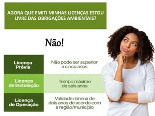 AGORA QUE EMITI MINHAS LICENÇAS ESTOU
LIVRE DAS OBRIGAÇÕES AMBIENTAIS?
Não!
 