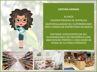 CRISTINA MORAES
36 ANOS
ADMINISTRADORA DE EMPRESAS
QUER REGULARIZAR SEU SUPERMERCADO
PARA CONSEGUIR EMPRÉSTIMO NO BANCO
PRETENDE ACRESCENTAR EM SEU
SUPERMERCADO UM FRIGORÍFICO COM
ABATEDOURO PRÓPRIO E UMA SEÇÃO DE
VENDA DE ELETROELETRÔNICOS
 