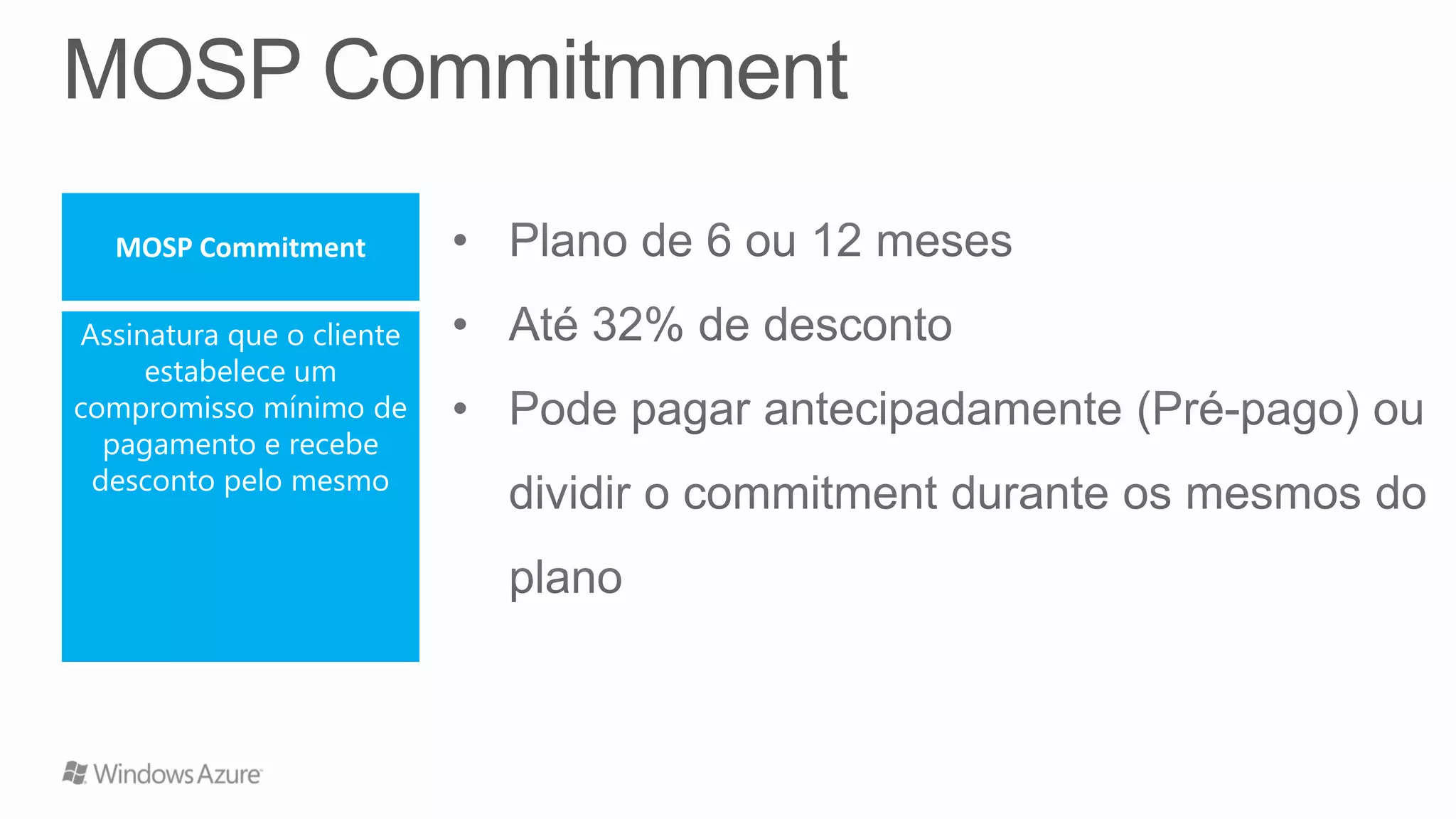 MOSP Commitment
Assinatura que o cliente
estabelece um
compromisso mínimo de
pagamento e recebe
desconto pelo mesmo
 