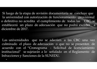 Si luego de la etapa de revisión documentaria se concluye que
la universidad con autorización de funcionamiento provisional
o definitiva no acredita el cumplimiento de todas las CBC, se
aestablecerá un plazo de adecuación que no podrá exceder
diciembre de 2017.
Las universidades que
de
no se adecúen a las CBC una vez
deculminado el plazo adecuación o que no se presenten
acuerdo con el
se
“Cronograma
sujetarán a lo
- Solicitud de licenciamiento
institucional”
Infracciones y
señalado en el Reglamento de
Sanciones de la SUNEDU.
 