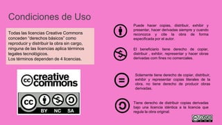 Condiciones de Uso
Todas las licencias Creative Commons
conceden “derechos básicos” como
reproducir y distribuir la obra sin cargo,
ninguna de las licencias aplica términos
legales tecnológicos.
Los términos dependen de 4 licencias.
Puede hacer copias, distribuir, exhibir y
presentar, hacer derivadas siempre y cuando
reconozca y cite la obra de forma
especificada por el autor.
El beneficiario tiene derecho de copiar,
distribuir , exhibir, representar y hacer obras
derivadas com fines no comerciales.
Solamente tiene derecho de copiar, distribuir,
exhibir y representar copias literales de la
obra, no tiene derecho de producir obras
derivadas.
Tiene derecho de distribuir copias derivadas
bajo una licencia idéntica a la licencia que
regula la obra original.
 