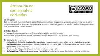 Atribución no
comercial-no
derivadas
CC BY-NC-ND
Esta licencia es la más restrictiva de las seis licencias principales, sólo permite que otros puedan descargar las obras y
compartirlas con otras personas, siempre que se reconozca su autoría, pero no se pueden cambiar de ninguna manera
ni se pueden utilizar comercialmente.
Usted es libre de:
• Compartir - copiar y redistribuir el material en cualquier medio o formato
El licenciante no puede revocar estas libertades, siempre y cuando siga los términos de la licencia.
En los siguientes términos:
• Atribución - Usted debe dar el crédito apropiado , proporcionar un enlace a la licencia, y de indicar si se han
realizado cambios . Puede hacerlo de cualquier manera razonable, pero no de una manera que sugiere que el
licenciante o su uso hace suya.
• No comercial - No puede utilizar el material para fines comerciales .
• NoDerivatives - Si Remix, transformar o crear sobre el material, no puede distribuir el material modificado.
 