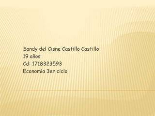 Sandy del Cisne Castillo Castillo
19 años
Cd: 1718323593
Economía 3er ciclo
 