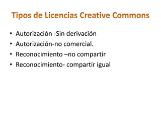 •   Autorización -Sin derivación
•   Autorización-no comercial.
•   Reconocimiento –no compartir
•   Reconocimiento- compartir igual
 