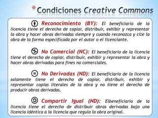 *
               Reconocimiento (BY): El beneficiario de la
licencia tiene el derecho de copiar, distribuir, exhibir y representar
la obra y hacer obras derivadas siempre y cuando reconozca y cite la
obra de la forma especificada por el autor o el licenciante.

               No Comercial (NC): El beneficiario de la licencia
tiene el derecho de copiar, distribuir, exhibir y representar la obra y
hacer obras derivadas para fines no comerciales.

               No Derivadas (ND): El beneficiario de la licencia
solamente tiene el derecho de copiar, distribuir, exhibir y
representar copias literales de la obra y no tiene el derecho de
producir obras derivadas.

               Compartir Igual (ND): Elbeneficiario de la
licencia tiene el derecho de distribuir obras derivadas bajo una
licencia idéntica a la licencia que regula la obra original.
 
