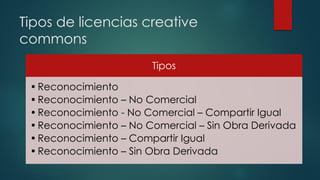 Tipos de licencias creative
commons
Tipos
•Reconocimiento
•Reconocimiento – No Comercial
•Reconocimiento - No Comercial – Compartir Igual
•Reconocimiento – No Comercial – Sin Obra Derivada
•Reconocimiento – Compartir Igual
•Reconocimiento – Sin Obra Derivada
 