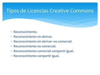Tipos de Licencias Creative Commons


  Reconocimiento.
  Reconocimiento sin derivar.
  Reconocimiento sin derivar–no comercial.
  Reconocimiento no comercial.
  Reconocimiento comercial compartir igual.
  Reconocimiento compartir igual.
 