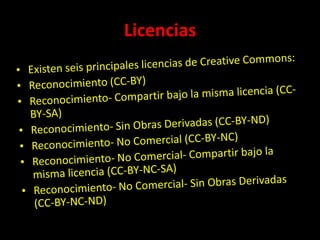 LicenciasExisten seis principales licencias de CreativeCommons: Reconocimiento (CC-BY)Reconocimiento- Compartir bajo la misma licencia (CC-BY-SA)Reconocimiento- Sin Obras Derivadas (CC-BY-ND)Reconocimiento- No Comercial (CC-BY-NC)Reconocimiento- No Comercial- Compartir bajo la misma licencia (CC-BY-NC-SA)Reconocimiento- No Comercial- Sin Obras Derivadas (CC-BY-NC-ND)