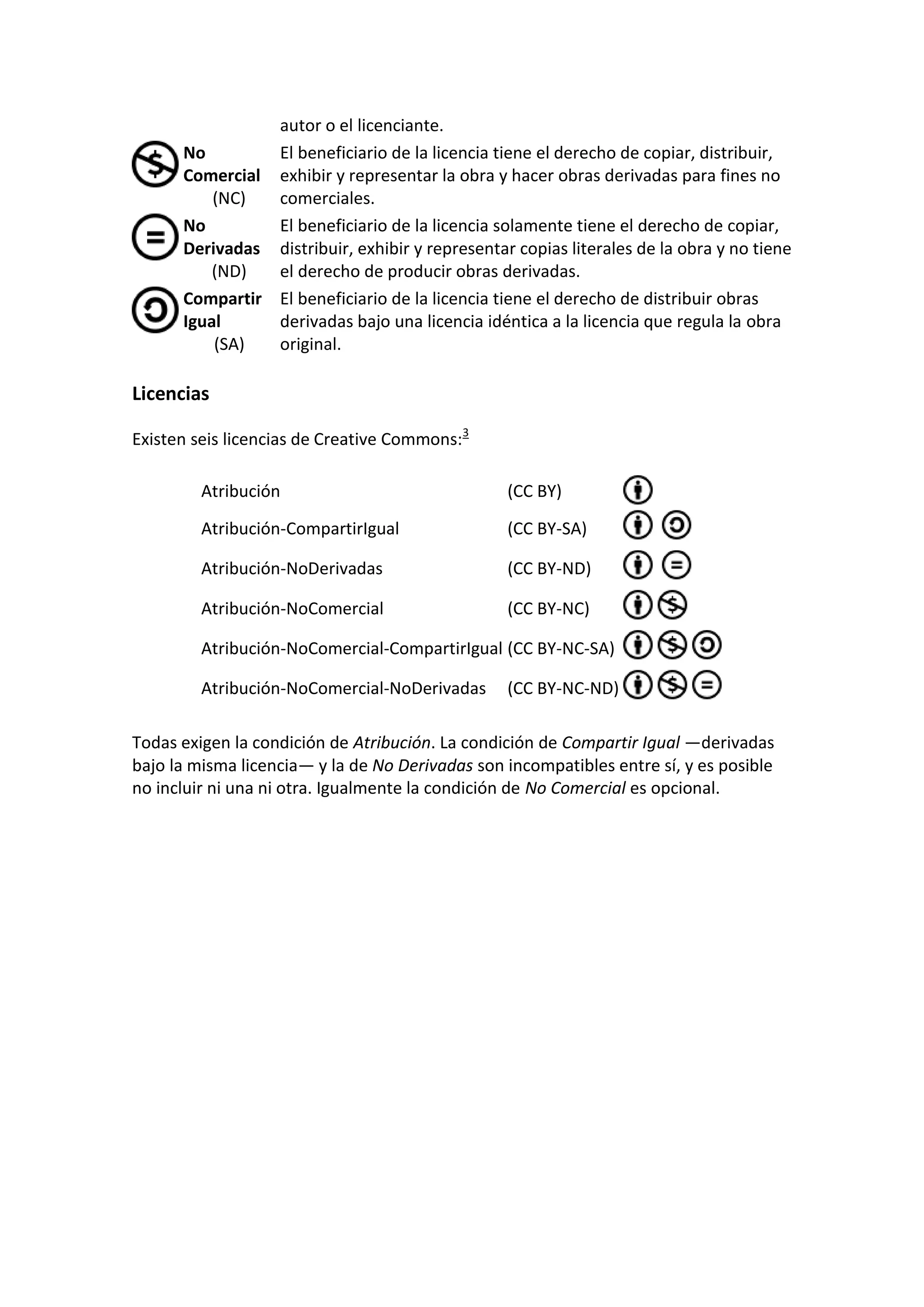 autor o el licenciante.
      No        El beneficiario de la licencia tiene el derecho de copiar, distribuir,
      Comercial exhibir y representar la obra y hacer obras derivadas para fines no
          (NC)  comerciales.
      No        El beneficiario de la licencia solamente tiene el derecho de copiar,
      Derivadas distribuir, exhibir y representar copias literales de la obra y no tiene
          (ND)  el derecho de producir obras derivadas.
      Compartir El beneficiario de la licencia tiene el derecho de distribuir obras
      Igual     derivadas bajo una licencia idéntica a la licencia que regula la obra
          (SA)  original.

Licencias

Existen seis licencias de Creative Commons:3

         Atribución                              (CC BY)

         Atribución-CompartirIgual               (CC BY-SA)

         Atribución-NoDerivadas                  (CC BY-ND)

         Atribución-NoComercial                  (CC BY-NC)

         Atribución-NoComercial-CompartirIgual (CC BY-NC-SA)

         Atribución-NoComercial-NoDerivadas      (CC BY-NC-ND)

Todas exigen la condición de Atribución. La condición de Compartir Igual —derivadas
bajo la misma licencia— y la de No Derivadas son incompatibles entre sí, y es posible
no incluir ni una ni otra. Igualmente la condición de No Comercial es opcional.
 