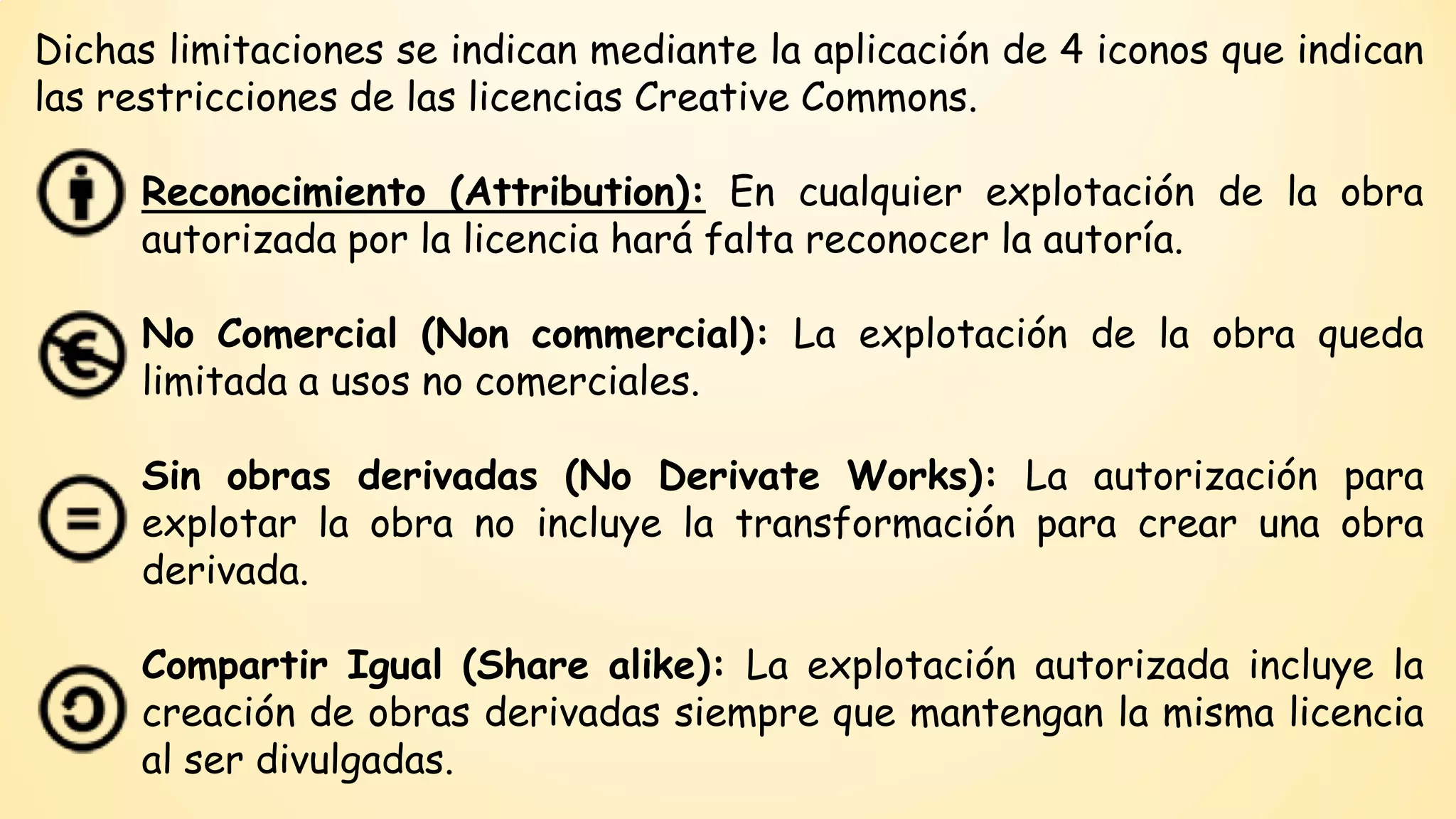 Dichaslimitacionesseindicanmediantelaaplicaciónde4iconosqueindicanlasrestriccionesdelaslicenciasCreativeCommons. 
Reconocimiento(Attribution):Encualquierexplotacióndelaobraautorizadaporlalicenciaharáfaltareconocerlaautoría. 
NoComercial(Noncommercial):Laexplotacióndelaobraquedalimitadaausosnocomerciales. 
Sinobrasderivadas(NoDerivateWorks):Laautorizaciónparaexplotarlaobranoincluyelatransformaciónparacrearunaobraderivada. 
CompartirIgual(Sharealike):Laexplotaciónautorizadaincluyelacreacióndeobrasderivadassiemprequemantenganlamismalicenciaalserdivulgadas.  