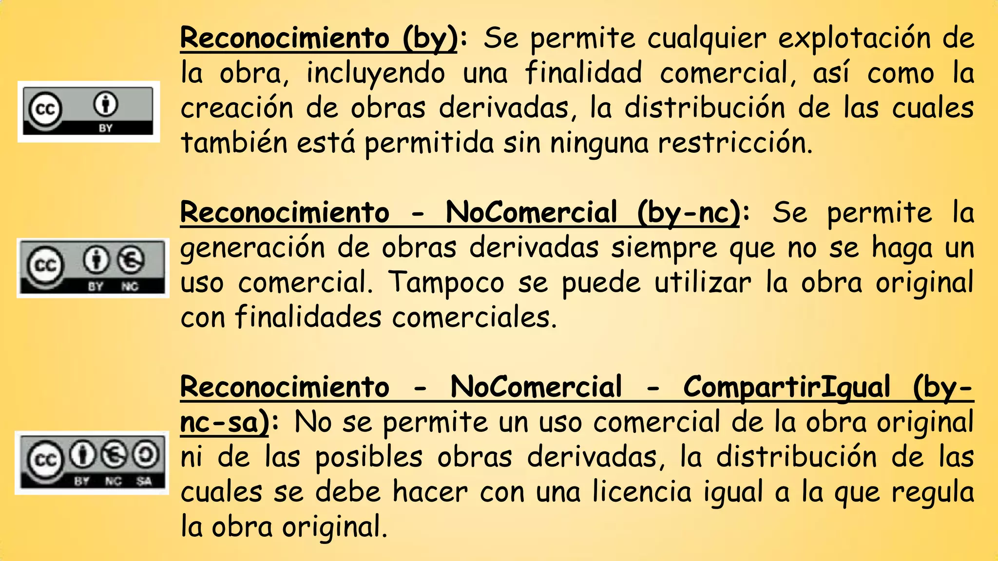 Reconocimiento(by):Sepermitecualquierexplotacióndelaobra,incluyendounafinalidadcomercial,asícomolacreacióndeobrasderivadas,ladistribucióndelascualestambiénestápermitidasinningunarestricción. 
Reconocimiento-NoComercial(by-nc):Sepermitelageneracióndeobrasderivadassiemprequenosehagaunusocomercial.Tampocosepuedeutilizarlaobraoriginalconfinalidadescomerciales. 
Reconocimiento-NoComercial-CompartirIgual(by- nc-sa):Nosepermiteunusocomercialdelaobraoriginalnidelasposiblesobrasderivadas,ladistribucióndelascualessedebehacerconunalicenciaigualalaqueregulalaobraoriginal.  